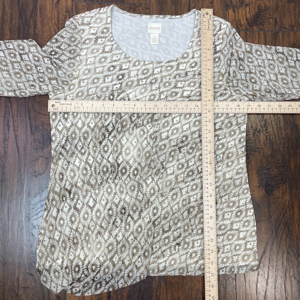 Chico's Top 1 Medium Ivory Beige Tiered Ruffle 3/4 Sleeve Lightweight Stretch - Picture 8 of 13